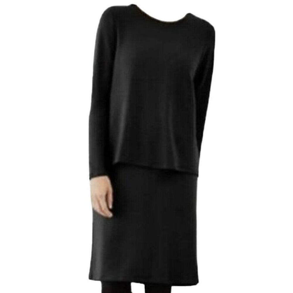 Pure Jill Layered Dress Size S Black Luxe Tencel Long Sleeve Cross Back Stretch